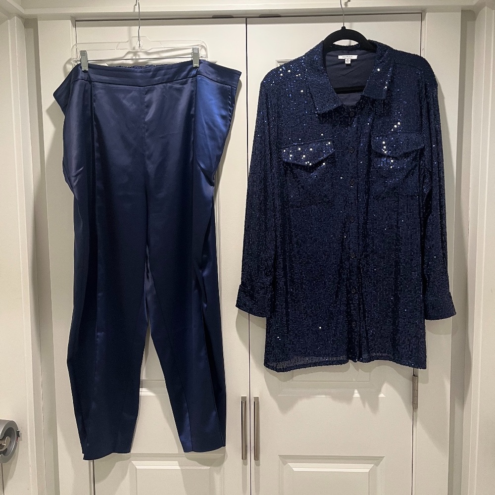 Isaac Mizrahi sequin oversize shirt & pants in navy,  Ladies 2X